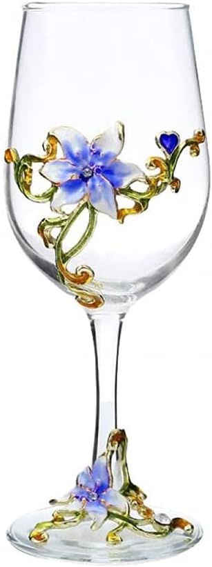 Simcat Handmade Painted Enamel Flower Glass Wine Glasses Transparent Refined Goblet, Stem For Cabernet, Gifts (Blue single gift box,1 Gift Box)