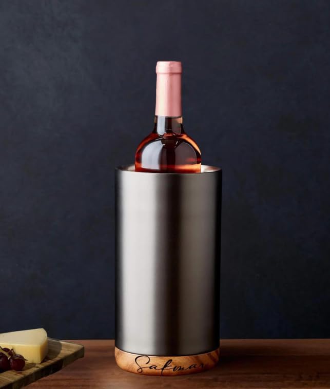 Personalized Stainless Steel Wine Chiller with Acacia Wood Base, Double-Wall Insulated, wine lover gift 4.7x4.7x8.25 inches