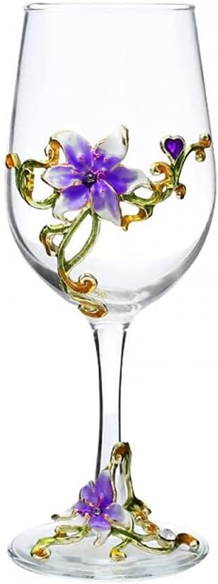 Simcat Handmade Painted Enamel Flower Glass Wine Glasses Transparent Refined Goblet, Stem For Cabernet, Gifts (Purple single gift box,1 Gift Box)