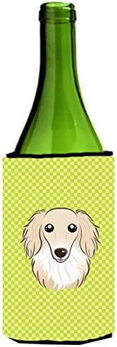 Caroline's Treasures BB1274LITERK Checkerboard Lime Green Longhair Creme Dachshund Wine Bottle Hugger Bottle Cooler Sleeve Hugger Machine Washable Collapsible Insulator Beverage Insulated Holder