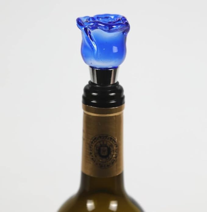 Crystal Wine Bottle Stopper, Gift Boxed, Reusable Stainless Steel (Blue Rose)