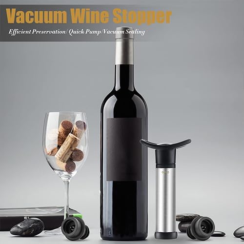 OWO Wine Vacuum Pump and 4 Stopper, Wine Save & Preserver, Reusable Air Remover Pump, Keeps Fresh (Stainless Steel)