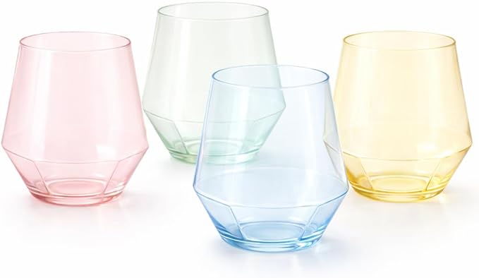 Oojami 40 Pack Diamond Plastic Wine Glasses 12oz Stemless Disposable Wine Cups - Shatterproof Unbreakable Reusable Recyclable BPA-Free Champagne Cocktail Whiskey for Parties, Weddings, Birthday