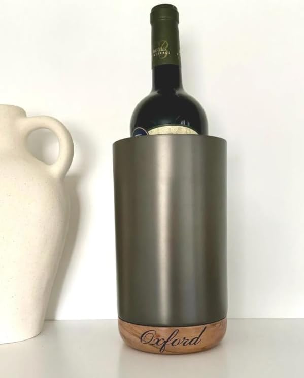Personalized Stainless Steel Wine Chiller with Acacia Wood Base, Double-Wall Insulated, wine lover gift 4.7x4.7x8.25 inches