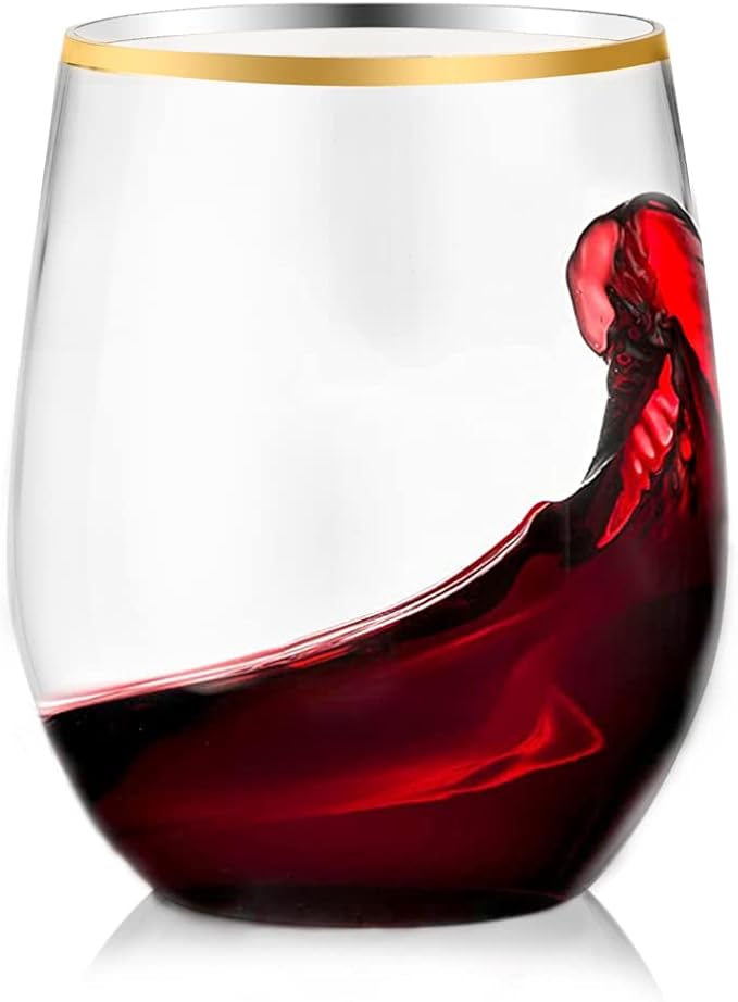 SUT 32 Pack 12oz Gold Rimmed Plastic Wine Glasses Stemless, Disposable Wine Cups with Premium Quality, Reusable, Unbreakable, Crystal, Shatterproof and BPA-Free, Perfect for Party, Wedding, Picnic