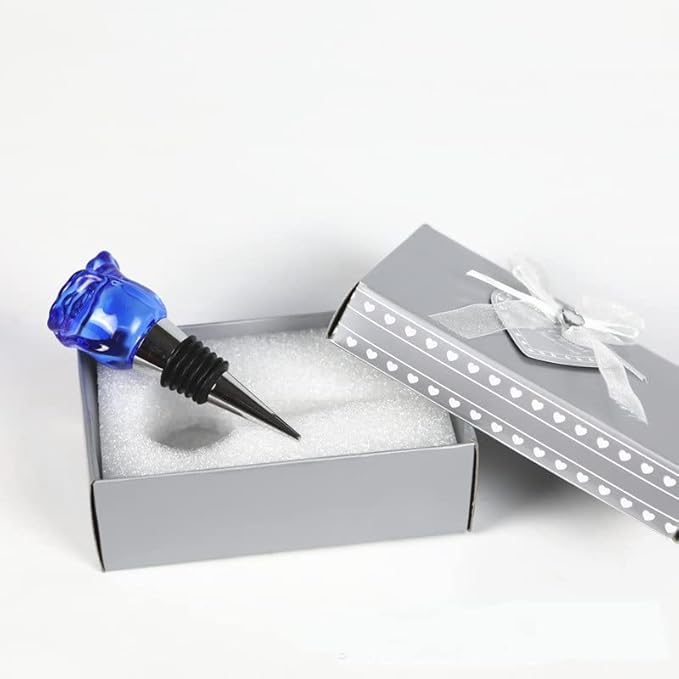 Crystal Wine Bottle Stopper, Gift Boxed, Reusable Stainless Steel (Blue Rose)