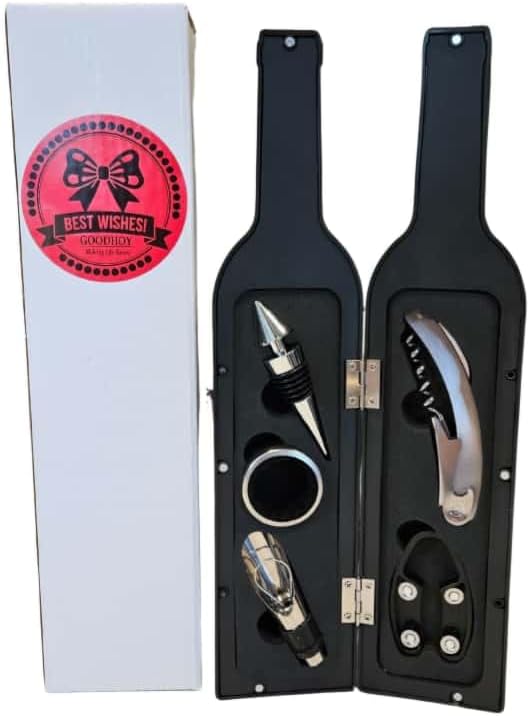 GOODHOY-Wine Accessories Gift Set in Bottle-Shaped Case, 5-Piece Premium Wine Opener Kit with Corkscrew, Stopper, Pourer, Drip Ring & Foil Cutter — Gift-Ready Box with a Real Bow