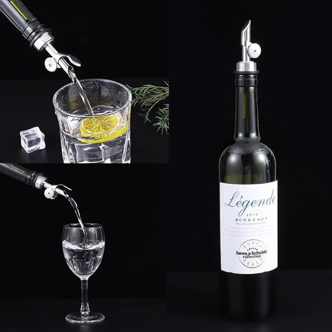 beyonday 3pcs Self Closing Liquor Bottle Pourers - Silver, Auto Flip Wine Bottle Stoppers with Rubber Dust Cap & Cleaning Brush Weighted Olive Oil Vinegar Dispenser Spout, Fit about 3/4'' Bottle Mouth