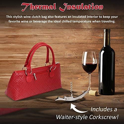 Primeware Wine Clutch Bag (Thermal Insulated) Trendy Women's Carry Tote | Holds Red & White 750mL Bottles | Trendy Fashion | Incl. Portable Waiter-Style Corkscrew