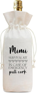 Mimi Gift Wine Bag from Grandkids, Funny Survival Kit Linen Drawstring Wine Bottle Cover, Reusable Wine Gift Pouch for Mimi Mother's Day Birthday Christmas Grandparents Day - A03
