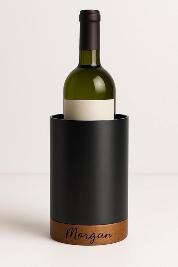 Personalized Stainless Steel Wine Chiller with Acacia Wood Base, Double-Wall Insulated, wine lover gift 4.7x4.7x8.25 inches