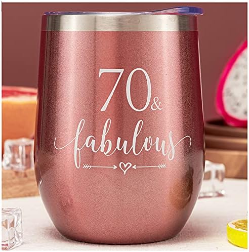Crisky Rose Gold 70 & Fabulous Wine Tumbler for Women 70th Birthday Gifts for Women, Wife, Mom, Sister, Aunt, Friends, Coworker Her, Vacuum Insulated Coffee Cup,12oz with Box, Lid, Straw