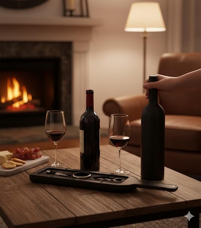 Luxury Wine Accessory & Gift Set - Corkscrew, Stopper, Pourer, and Games! (Wine Opener - Black Matte Bottle Case)