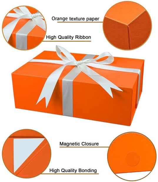 YINUOYOUJIA Large Orange Gift Box with Lid,14"x9"x4.5" Magnetic Gift Boxes with Ribbon,Cards and Envelopes for Presents,Great for Wedding,Birthdays,Crafting,Gift Packaging.