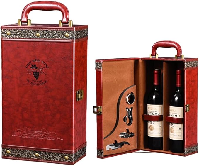 Wine Gifts Box with 4 Wine Accessories Set & Storage Box, 2-Bottle Tote Carrier Case for Wedding, Christmas, Party, Collection & Home Bar Decor (Red)