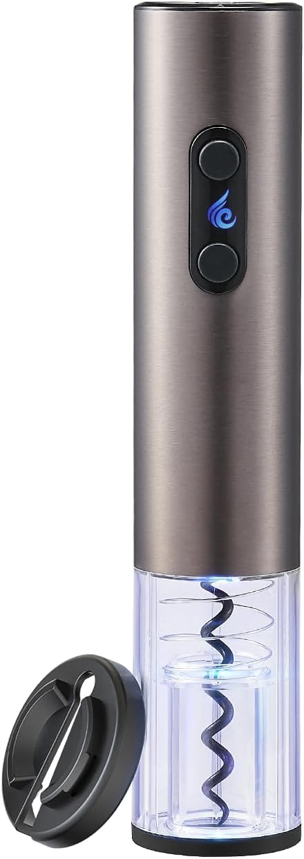 Battery Operated Electric Wine Opener by ELMWAY - Stainless Steel Electric Corkscrew with LED Light & Foil Cutter, Simple Push-Button Operation for Wine Lover (Black, 4 x AA Not Included)