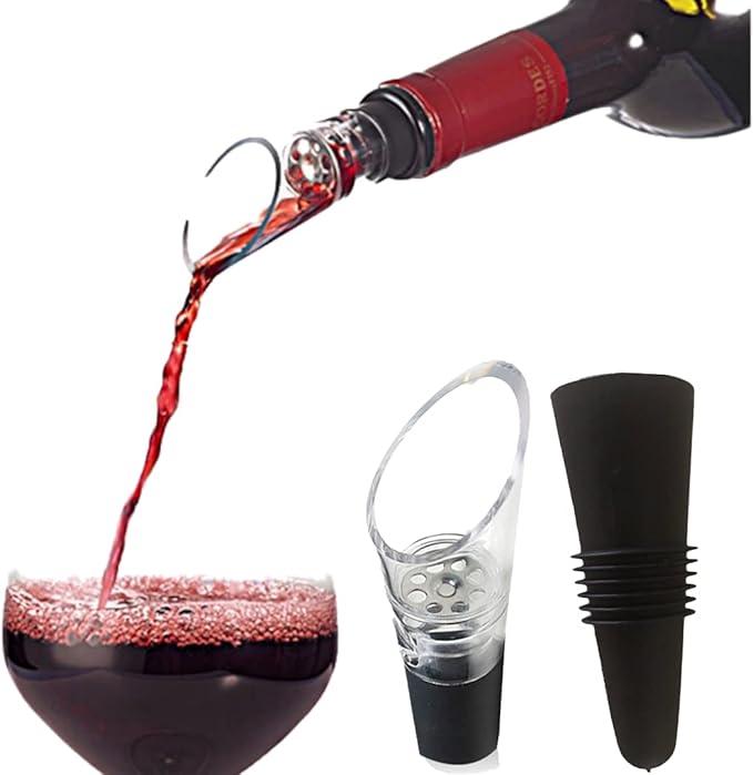 Wine Aerator Pourer Spout – 2-in-1 Diffuser Oxygenator and Pouring Dispenser for Enhanced Smoother Flavors of Red Wines – Silicone Aeration Breather (Black Stopper)