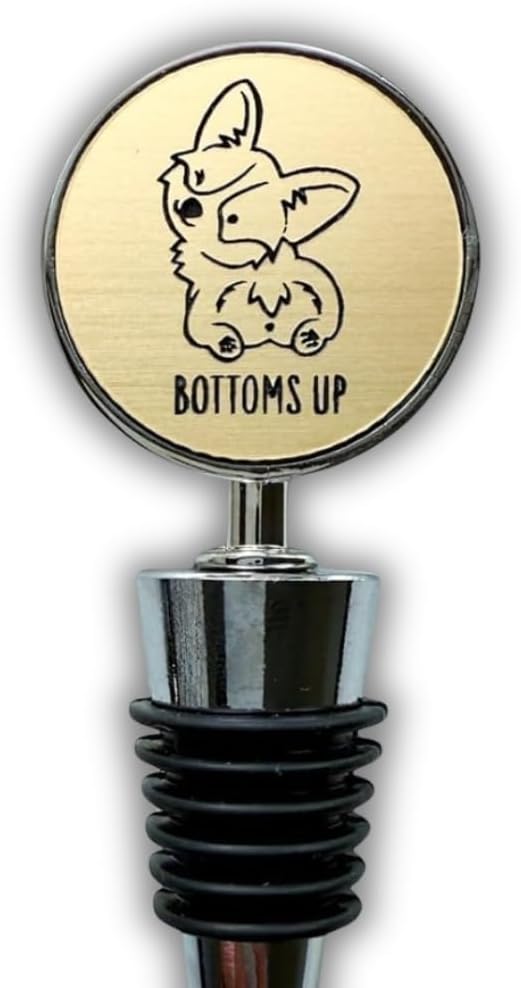 Jazzy Jade Designs Funny Corgi/Dog Wine Stopper – “Bottoms Up!” Cute Laser Engraved Zinc Alloy & 100% Food-Grade Rubber Bottle Stopper – Novelty Wine Gift for Dog Lovers, Made in USA