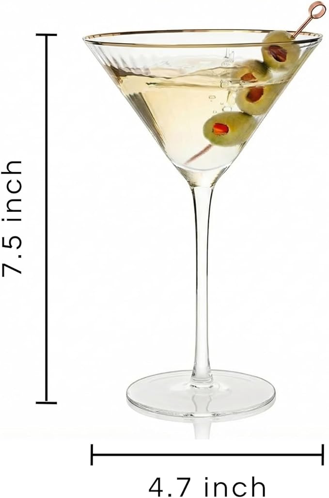 Gold Rim Martini Glasses - Set of 4-10 oz, 24K Gilded Classic Vintage Glasses For Martinis, Cocktails, Champagne, Water & Wine - Hand Blown Classic Coupes Gilded Rimed, Crystal Coupe with Long Stems