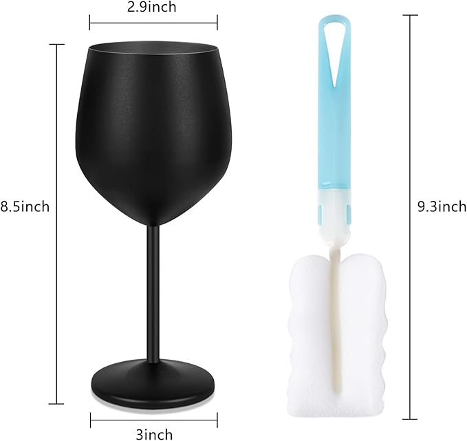 Lifecapido Stainless Steel Wine Glasses Set of 6, 18oz Stainless Steel Metal Wine Glasses, Black Wine Glasses with Cup Brush for Party Office Wedding Anniversary, Great for Red White Wine (Black)
