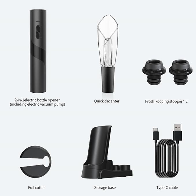 Electric Wine Opener with Charging Base, Electric Wine Bottle Opener with 2 in 1 Aerator &Pourer, Foil Cutter, 2 Vacuum Preservation Stoppers, Display Charging Station for Easy Storage