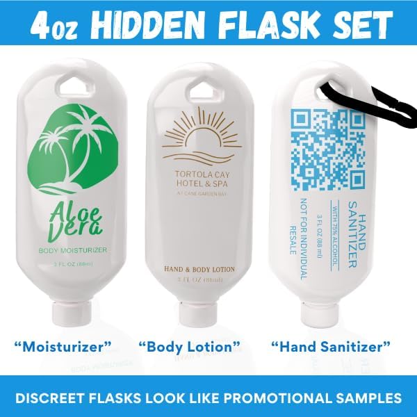 Hidden Flask Set for Liquor - 3-Pack 4oz Lotion-Style Discreet Bottles with Easy Pour Spout & Carabiner - Leak-Proof, BPA-Free, Travel-Friendly - Great for Cruises, Resorts, Concerts, Music Festivals