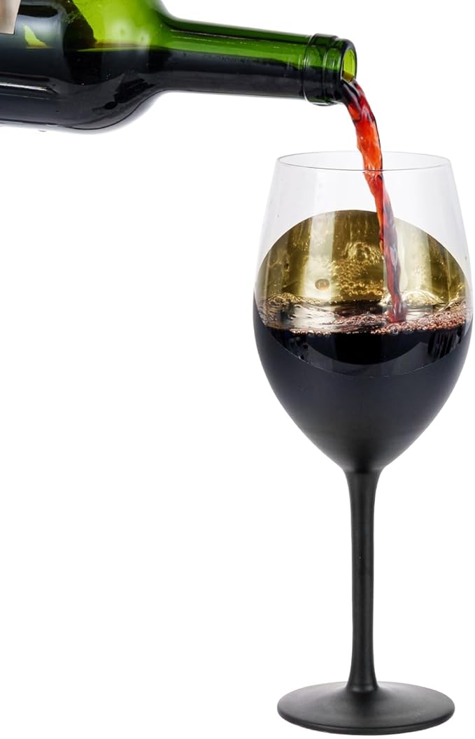 MyGift 14 oz Modern Slanted Matte Black and Gold Tone Stemmed Wine Glasses, Elegant Angled Design with Metallic Interior Accent Glass Stemware, Set of 6