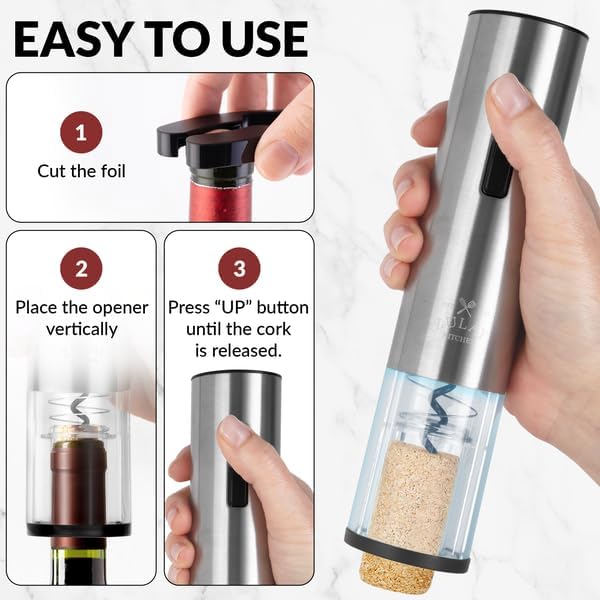 Zulay Kitchen Rechargeable Electric Wine Opener Set with Storage Base - Automatic Corkscrew Wine Bottle Opener, Pourer, Foil Cutter & Vacuum Stopper - Stainless Steel Wine Gift Set, Silver
