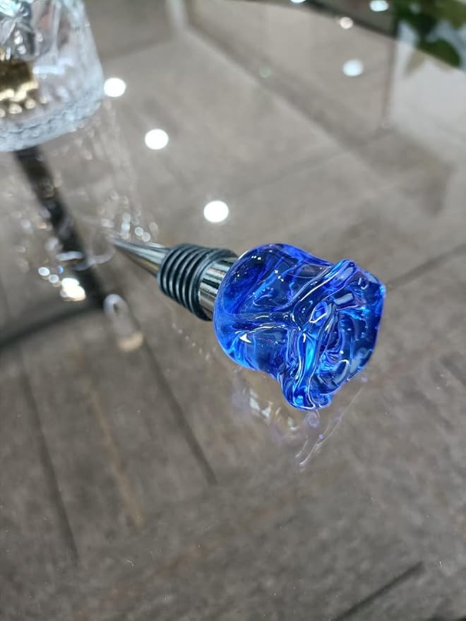 Crystal Wine Bottle Stopper, Gift Boxed, Reusable Stainless Steel (Blue Rose)