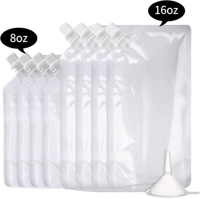 OHMAXHO Alcohol Pouches for Liquor,Reusable Drink Pouches for Adults Alcohol Drinking Flasks,Concealable Plastic Liquor Bags with Funnel,Plastic Travel Flasks (8OZ4 + 16OZ4)