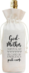 Funny Godmother Survival Kit Wine Bag, Linen Drawstring Wine Bottle Gift Bag, Reusable Wine Pouch for Godmother Proposal Baptism Birthday Mother's Day, 13 x 5.7 Inch - A02