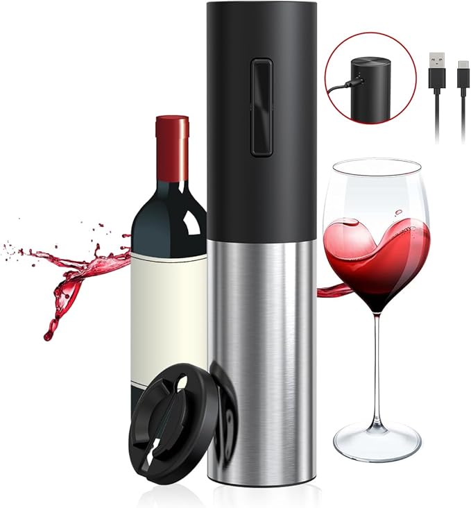 Electric Wine Opener Rechargeable, Automatic Wine Bottle Openers with Foil Cutter and USB Cable, Gift Wine Corkscrew for Home Kitchen Party Bar - Stainless Steel, One-click Button
