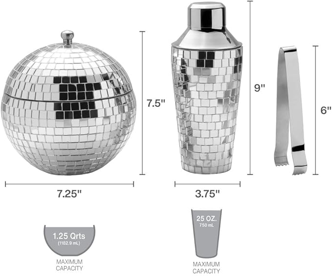 Mikasa Disco Beats 3-Piece Mirrored Bar Set with Cocktail Shaker, Ice Bucket, and Tongs – Glamorous Silver Mosaic Design for Stylish Home Entertaining