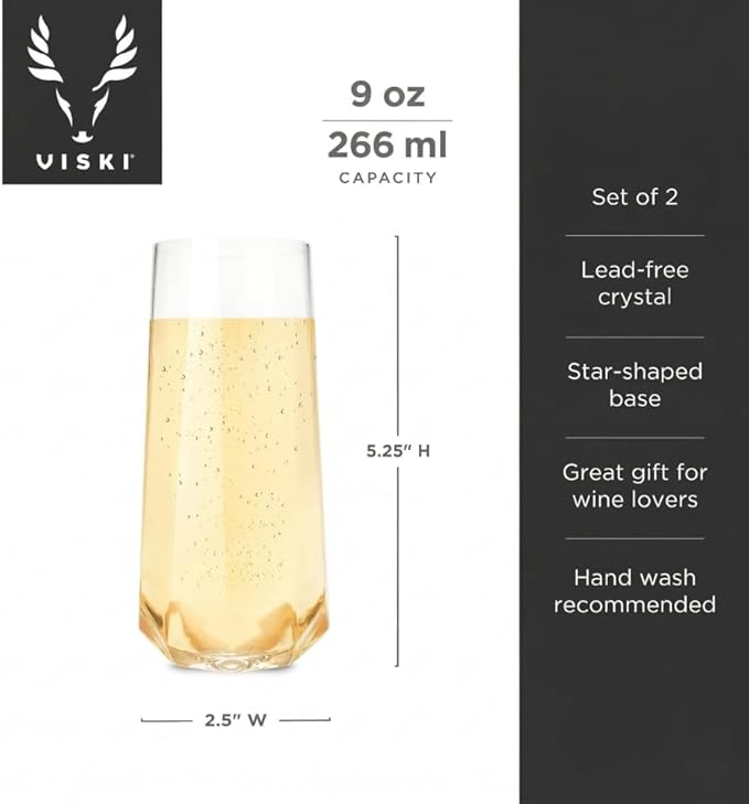 Viski Seneca Faceted Stemless Champagne Flutes, Crystal Clear Sparkling Wine Glasses for Prosecco, Sparkling Cocktails, Mimosas, Elegant Glassware for Wedding Gifts, Home Bar, 9 oz, Set of 2