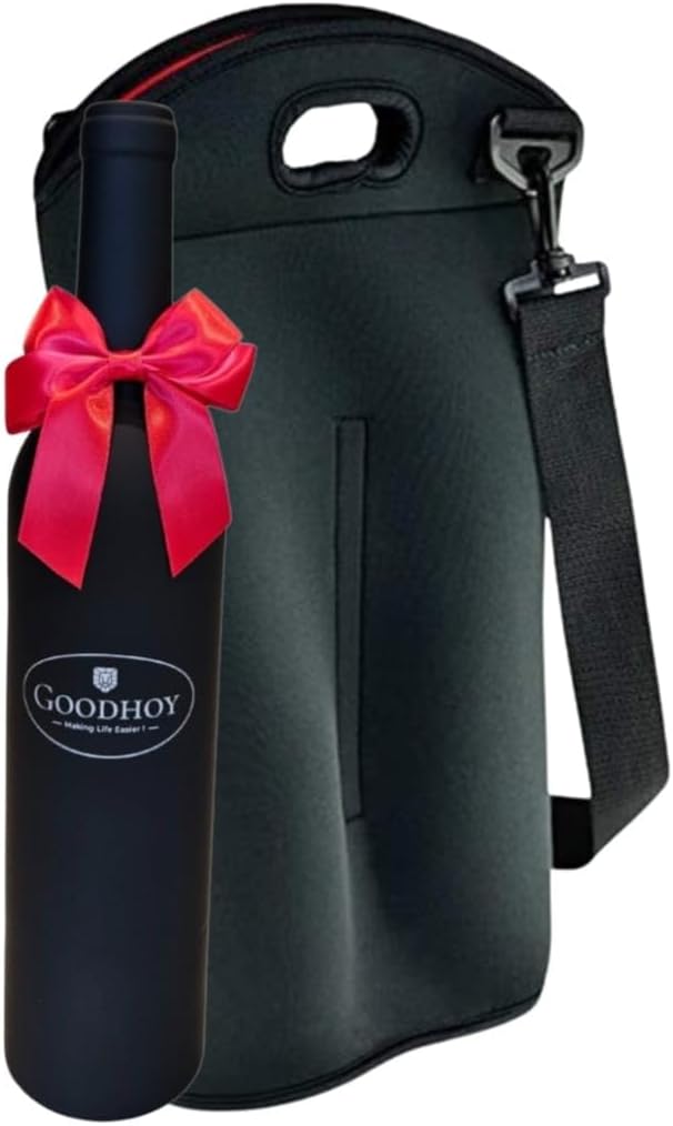 Insulated Neoprene 2‑Bottle Wine Tote Bag with Pocket & Shoulder Strap -Fits Two 750 ml Bottles + 5‑Piece Wine Accessory Set in Bottle‑Shaped Case - Gift for Weddings, Picnics, Travel, Parties.