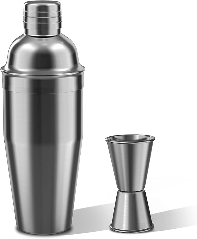 LUCKYGOOBO Cocktail Shaker with Double Measuring Jigger,18/8 Stainless Steel 24oz Martini Shaker Set,Drink Shaker Built-in Strainer,Bartender Kit. (Black)