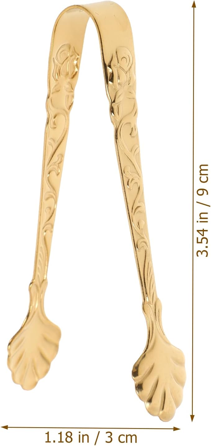 3.5inch Mini Serving Tongs, 2PCS Sugar Tongs, Small Stainless Steel Sugar Cube Pick with Rose Embossed Ice Grabber for Tea and Coffee Party Charcuterie Board Appetizers （Gold）