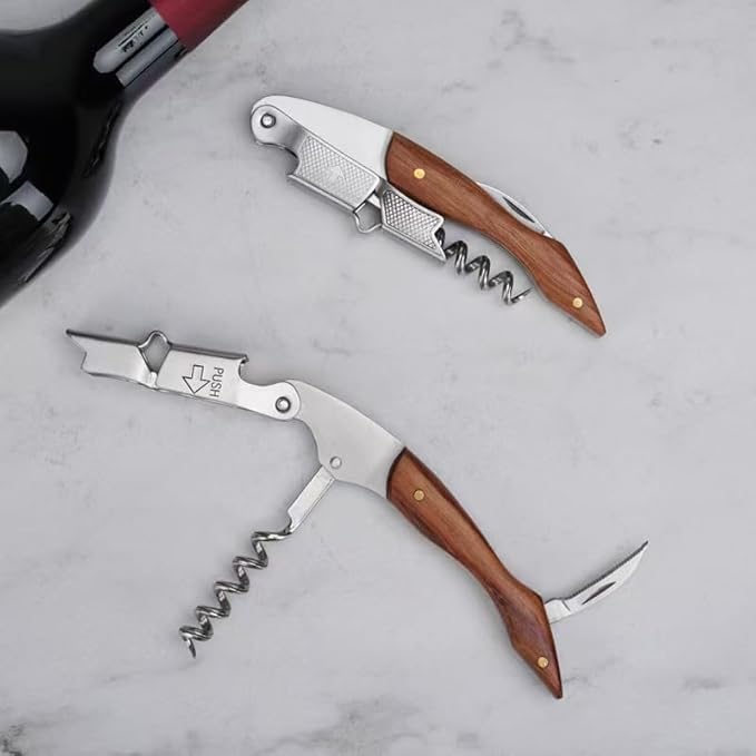 Wine Opener & Corkscrew (2 Pack), Professional Double Hinged Wine Bottle Opener with Foil Cutter & Wood Handle, Waiter's Corkscrew Wine Key for Bartender & Server, Vegan Leather Pouch Gift Set
