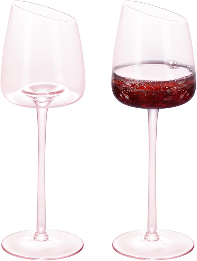 KAMMAK Wine Glasses Set of 2, 9.47 oz Hand Blown Crystal Bordeaux Wine Glasses, Thin Rim & Long Stem, Perfect for Red & White, Daily Use, Wedding or Birthday Gift with Gift Box, XH-H240 Pink
