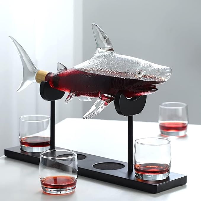 Wine Decanters 1000ml Sharks Whiskey Decanter Set with 4 Glasses & Wood Stand Glass Liquor Decanter For Whiskey, Scotch, Bourbon Vodka (Decanter Set)