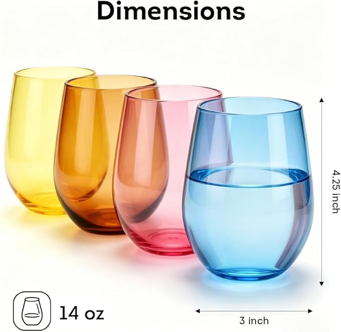 Lily's Home Set of 8 Shatter-Resistant Acrylic Stemless Wine Glasses - 14 oz for Poolside, Parties, Patio & Outdoor Indoor Use, BPA-Free Plastic Drinkware in Mixed Colors