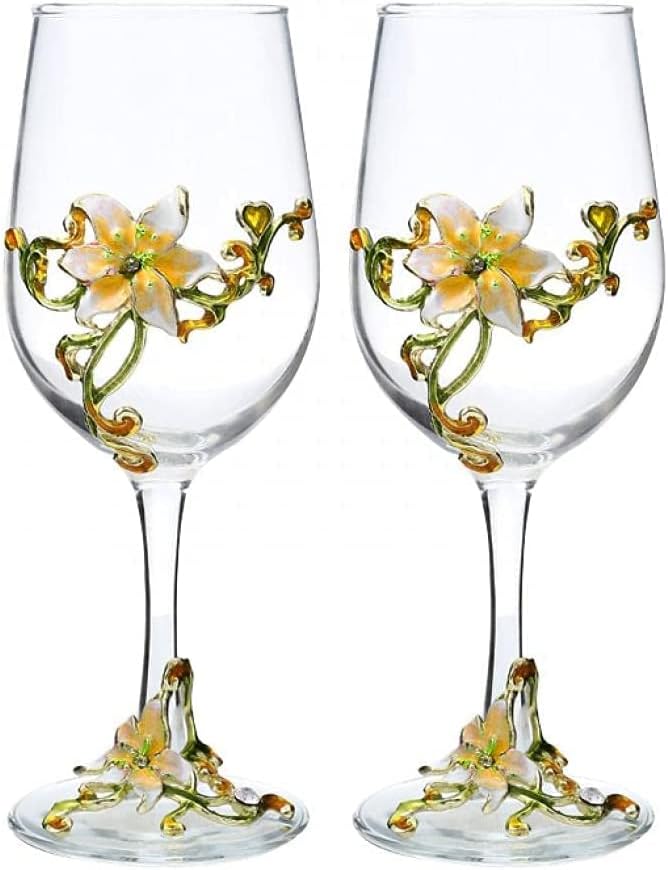 Simcat Handmade Painted Enamel Flower Glass Wine Glasses Transparent Refined Goblet, Stem For Cabernet, Gifts (Double yellow gift box,2 Gift Box)