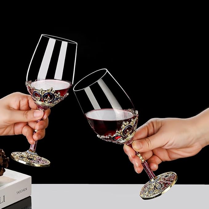 Simcat Handmade Painted Enamel Flower Glass Wine Glasses Transparent Refined Goblet, Stem For Cabernet, Gifts (double glass gift pack)