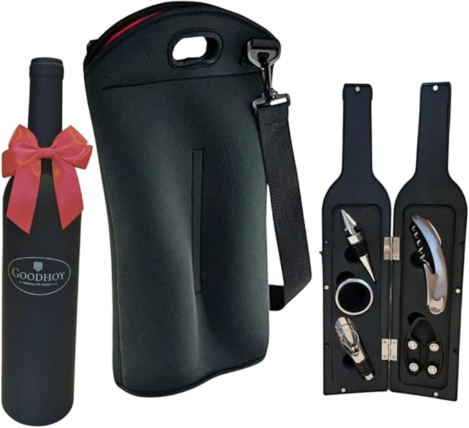 Insulated Neoprene 2‑Bottle Wine Tote Bag with Pocket & Shoulder Strap -Fits Two 750 ml Bottles + 5‑Piece Wine Accessory Set in Bottle‑Shaped Case - Gift for Weddings, Picnics, Travel, Parties.