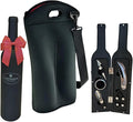 Insulated Neoprene 2‑Bottle Wine Tote Bag with Pocket & Shoulder Strap -Fits Two 750 ml Bottles + 5‑Piece Wine Accessory Set in Bottle‑Shaped Case - Gift for Weddings, Picnics, Travel, Parties.