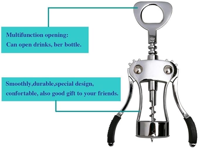 Upraded 2 in 1 Wing Corkscrew with One Pack Wine Bottle Stopper,Multifunctional Corkscrew Wine Cork Opener Bottler Opener Remover for Home, Kitchen,Restaurant,Party and as Gift,Silver