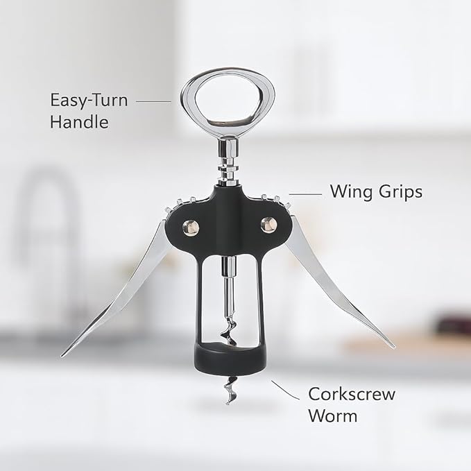 HIC Kitchen Bar Soft-Touch Winged Corkscrew, Easy Removal For Natural And Synthetic Corks, Built-In Bottle Opener, Wine Accessory