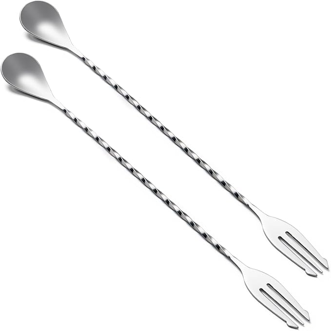 BRIOUT 2 Pcs Bar Spoon, 12 Inches Long Handle Drink Stirrer, Stainless Steel Bar Cocktail Mixing Spoons with Double Ended Design for Stirring, Silver