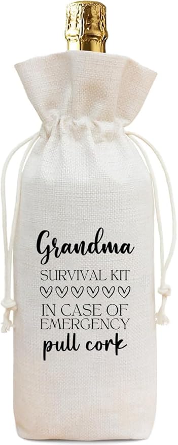 Grandma Gift Wine Bag from Grandkids, Funny Survival Kit Linen Drawstring Wine Bottle Cover, Reusable Wine Gift Pouch for Grandma Mother's Day Birthday Christmas Grandparents Day - A01