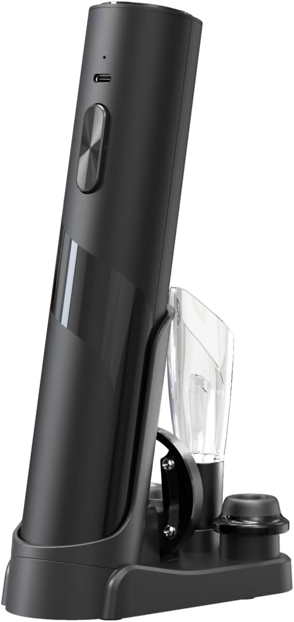 Electric Wine Opener with Charging Base, Electric Wine Bottle Opener with 2 in 1 Aerator &Pourer, Foil Cutter, 2 Vacuum Preservation Stoppers, Display Charging Station for Easy Storage